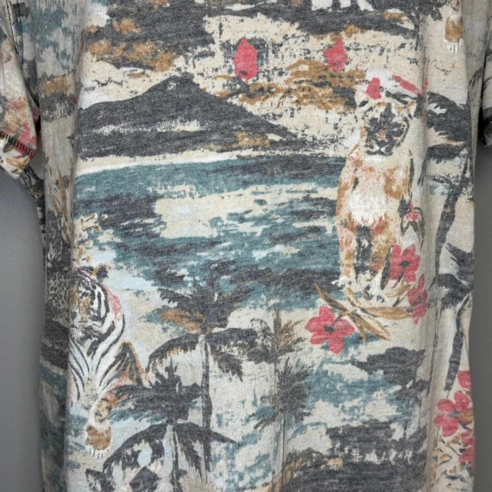 Free People Vintage Tropical Tiger Print Oversized Vacation Tee Womens Sz L